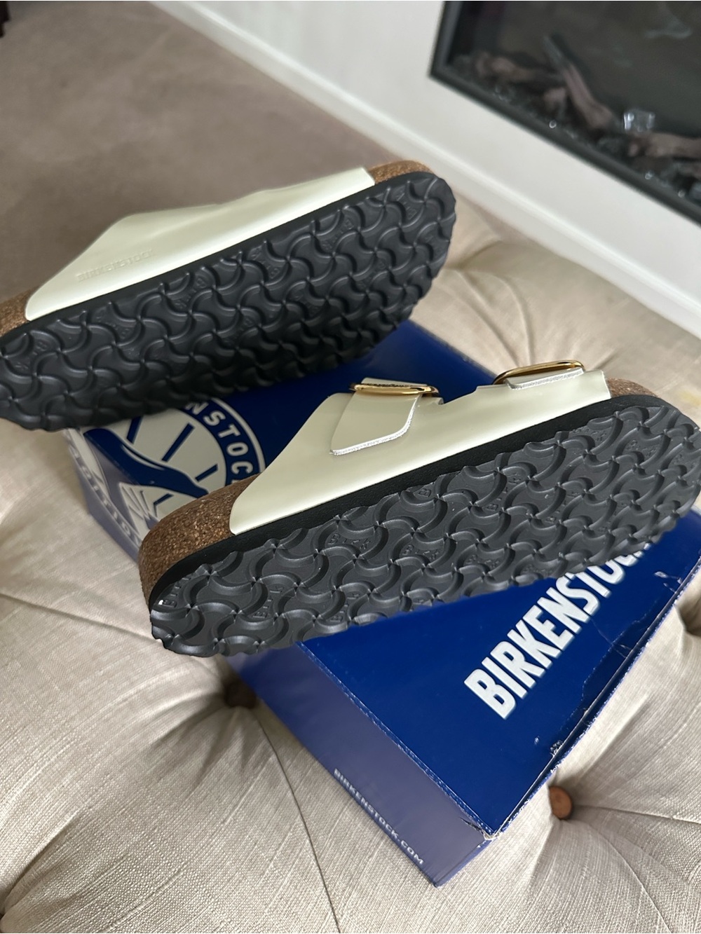 Birkenstock White Double-Strap Sandals with Gold Buckles - Picture 5 of 5